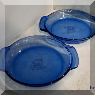 K34. 2 Anchor Ovenware 9” blue glass pie plates.. - $$6 each